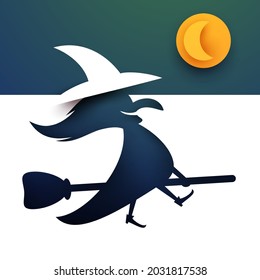Silhouette cartoon of flying witch on broomstick in modern abstract minimalistic style. Creative flat 3d background template for holiday banner, cover, card. Halloween vector illustration.