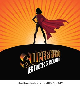 Silhouette Cartoon Girl In Superhero Costume Burst Background. EPS 10 Vector.