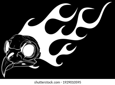silhouette cartoon illustration of a bird skull with flames