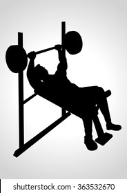 Silhouette cartoon of a man exercising using weight bench