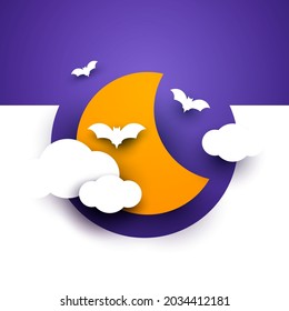 Silhouette cartoon moon with clouds and bats in modern abstract minimalistic style. Creative flat 3d background template for holiday banner, cover, card. Halloween paper cut vector illustration.