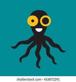 Silhouette of an cartoon octopus on on green background. Icon marine animal. Logo design for the company