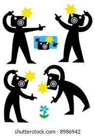 Silhouette cartoon point and shoot camera character in various poses