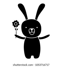 silhouette cartoon rabbit animal with flower in the hand