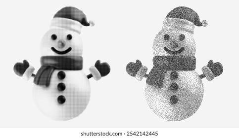 Silhouette cartoon snowman in monochrome halftone or grainy stippling style. Set retro graphic element with photocopy grunge effects. Pop art vector illustration.