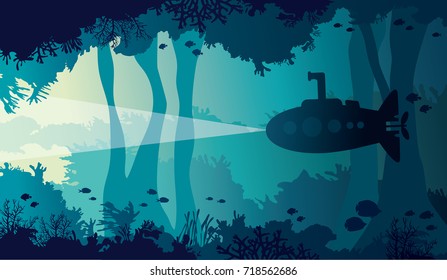 Silhouette of cartoon submarine, coral reef, fishes and underwater sea cave. Vector nature illustration. Ocean wildlife.