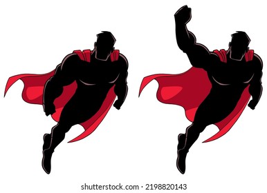 Silhouette of cartoon superhero wearing red cape while flying up during mission against white background.