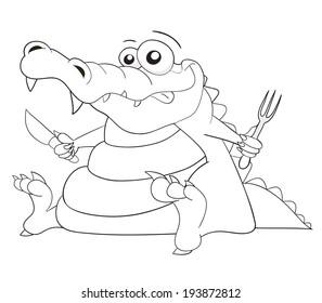 silhouette of cartoon vector crocodile with knife and fork