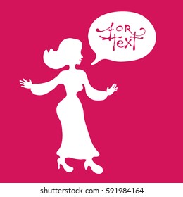 Silhouette cartoon woman in long evening dress on a pink background. Vector illustration clip art and bubble banner for design posters of club parties, women's clothing, for magazines for women.