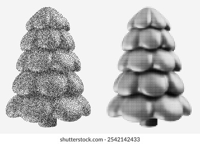 Silhueta desenho animado xmas árvore em meio-tom monocromático ou estilo pontilhado granulado. Definir elemento gráfico retrô com efeitos de fotocópia grunge. Ilustração vetorial da arte pop.