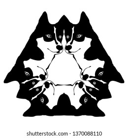 Silhouette cartoonish big black and white dog. The dog Northern with blue eyes. sled dogs