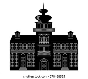 Silhouette of a castle in baroque or renaissance style in white and black design