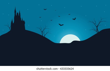 Silhouette of castle and bat Halloween with blue backgrounds