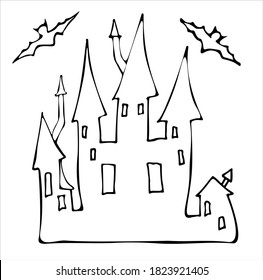 Silhouette of a castle and bats on a white background. Halloween. Vector illustration