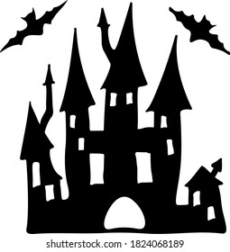Silhouette of a castle and bats on a white background. Halloween. Vector illustration