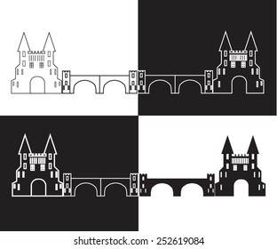 Silhouette of the castle with a bridge. Set of black-and-white flat and linear icons