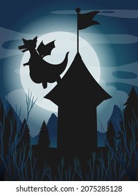 Silhouette castle and dragon with full moon background illustration