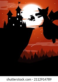 Silhouette castle and dragon with full moon background illustration