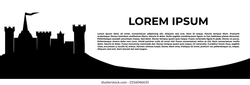 A silhouette of a castle with a flag, accompanied by placeholder text.