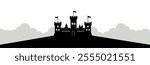 A silhouette of a castle with flags against a light background, evoking fantasy and adventure.