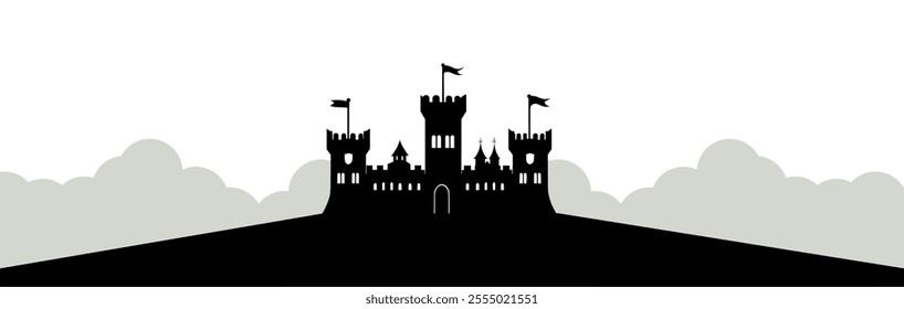 A silhouette of a castle with flags against a light background, evoking fantasy and adventure.