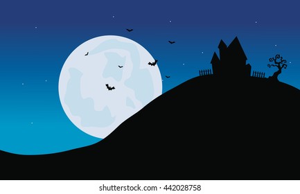 Silhouette of castle in hills Halloween with moon