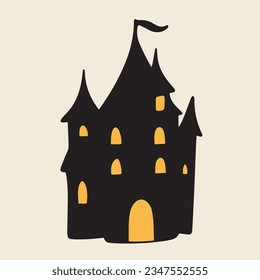 Silhouette of castle isolated on white background. Hand drawn castle icon. Halloween decor. Vector illustration.