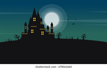 Silhouette of castle and moon Halloween landscape vector art