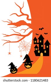 Silhouette Castle with Pumpkin lantern in Spooky forest in Halloween night