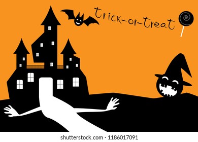 Silhouette Castle with Pumpkin lantern in Spooky forest in Halloween night