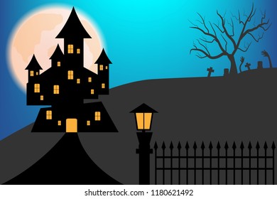 Silhouette Castle with Spooky forest in Halloween night