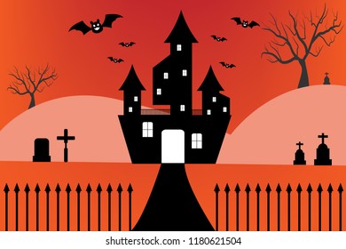 Silhouette Castle with Spooky forest in Halloween night