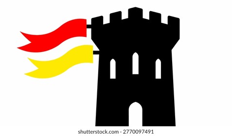 Silhouette of a castle tower with red and yellow flags