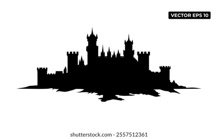 A silhouette of a castle with towers and battlements, suitable for graphic design use.