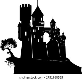 
silhouette of castle and tree over cliff