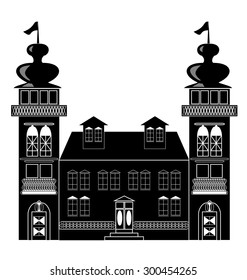 Silhouette of a castle with two towers in baroque or renaissance style in white and black design