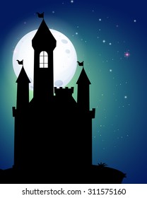 Silhouette of castle under full moon illustration