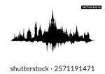 A silhouette of a castle-like structure with spires, resembling a sound wave pattern.