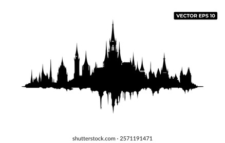 A silhouette of a castle-like structure with spires, resembling a sound wave pattern.