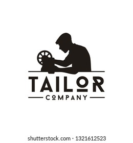 Silhouette Casual Man with Sewing Machine for Vintage Fashion Tailor Logo design