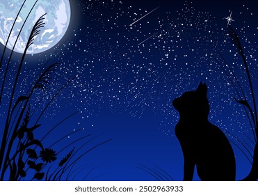Silhouette of a cat against the night sky.Vector illustration with a silhouette of a cat and a bright moon against the background of the night starry sky.