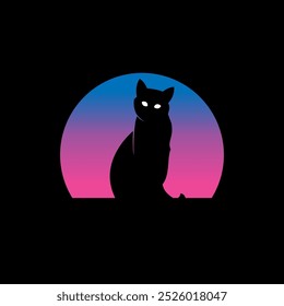 Silhouette of a cat against a retro sunset. Original vector illustration in vintage style. Hand drawn, not AI