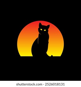 Silhouette of a cat against a retro sunset. Original vector illustration in vintage style. Hand drawn, not AI