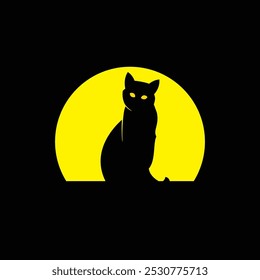 Silhouette of a cat against a retro sunset. Original vector illustration in vintage style. Hand drawn, not AI