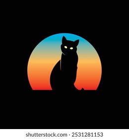 Silhouette of a cat against a retro sunset. Original vector illustration in vintage style. Hand drawn, not AI