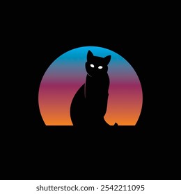 Silhouette of a cat against a retro sunset. Original vector illustration in vintage style. Hand drawn, not AI