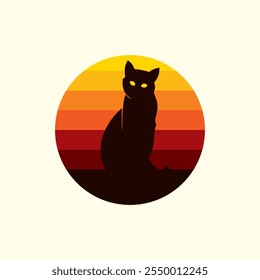 Silhouette of a cat against a retro sunset. Original vector illustration in vintage style. Hand drawn, not AI