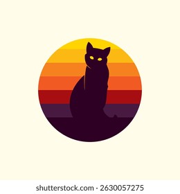 Silhouette of a cat against a retro sunset. Original vector illustration in vintage style. Hand drawn, not AI
