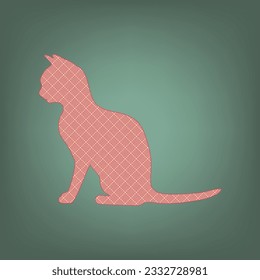 Silhouette of cat. Apricot Icon with Brick Red parquet floor graphic pattern on a Ebony background. Feldgrau. Green. Illustration.