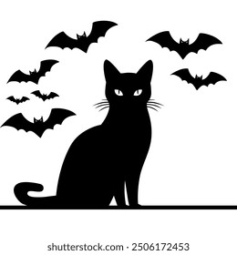 Silhouette von Katze und Fledermaus, schwarz-weißer ClipArt-Cartoon Kunstthema Halloween einzeln auf weißem Hintergrund, Vektorgrafik